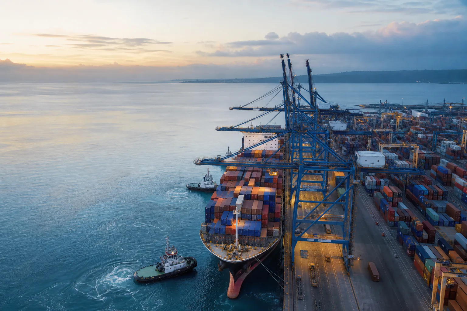 Container vessel, cranes and tugboats working at a marine cargo terminal