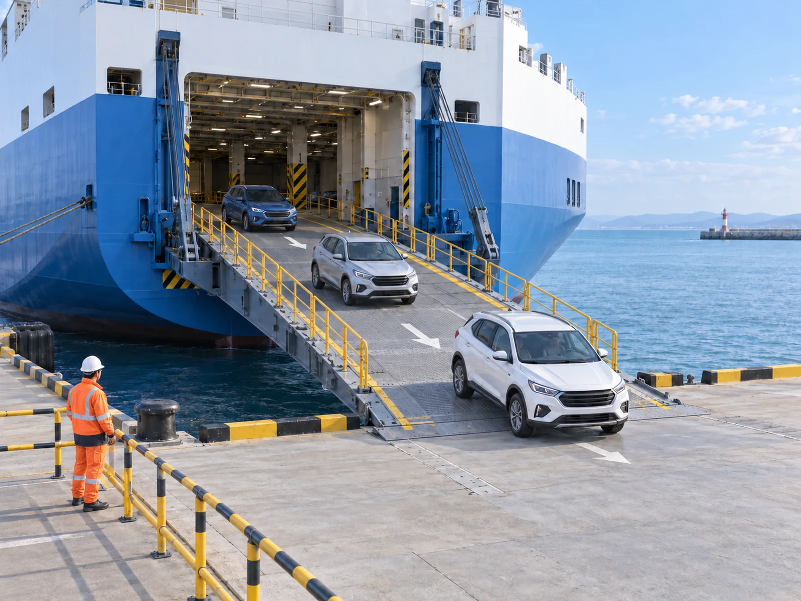 Illustrative 3D scene of vehicles moving along a connected Ro-Ro vessel ramp under supervision.