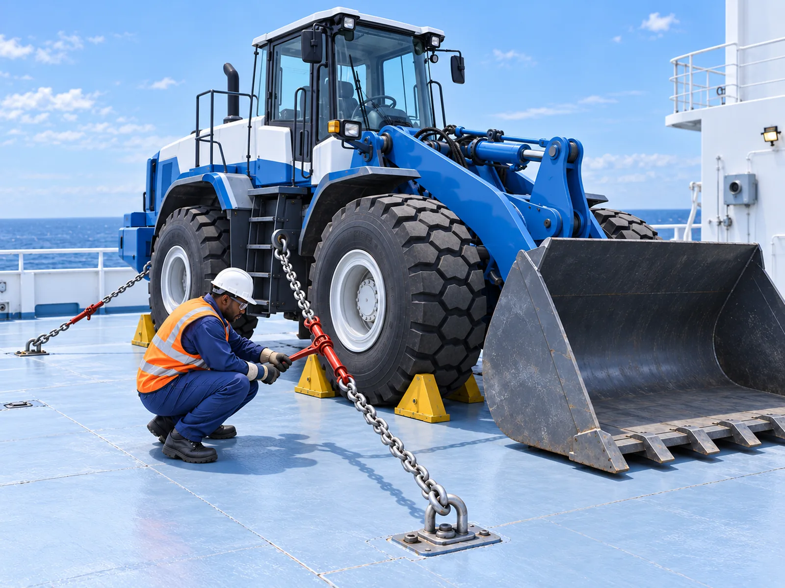 Illustrative 3D scene of crew checking chains, tensioners and wheel chocks securing machinery on a vessel deck.