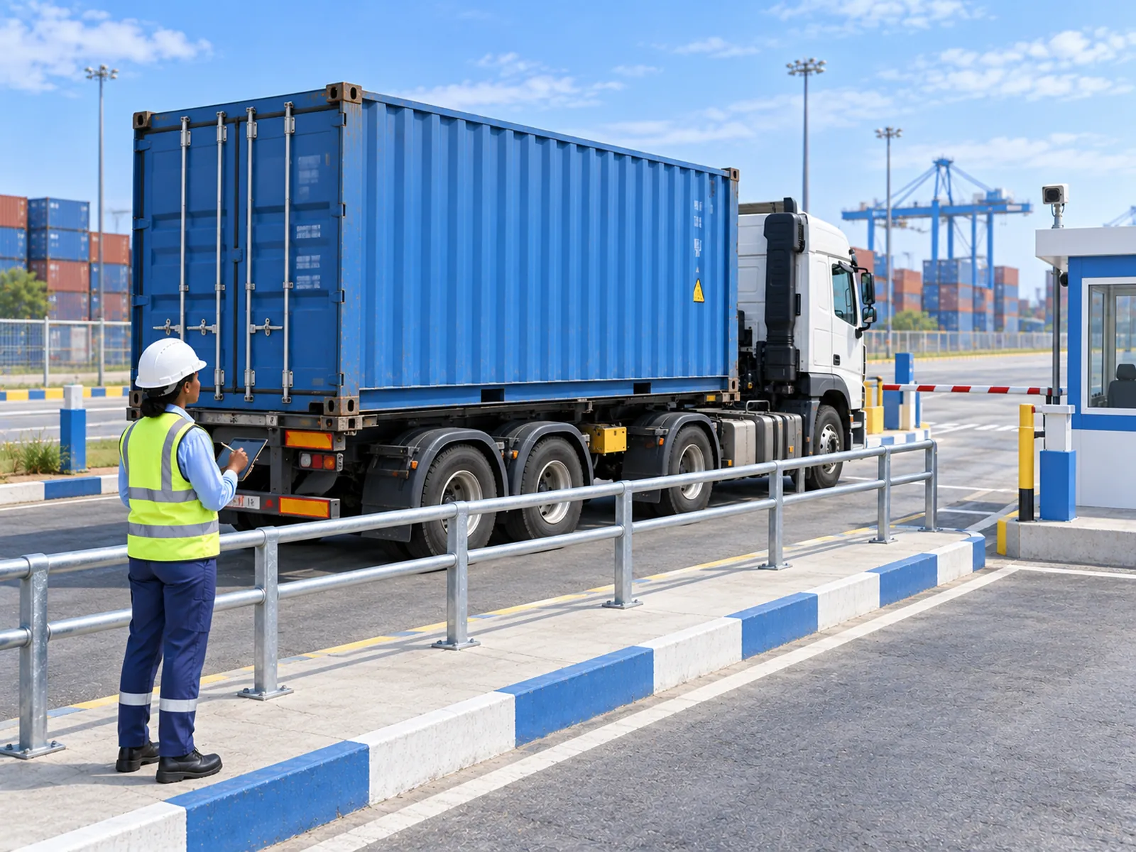 Illustrative 3D scene of a clerk recording a stopped truck container at a terminal gate using a tablet.