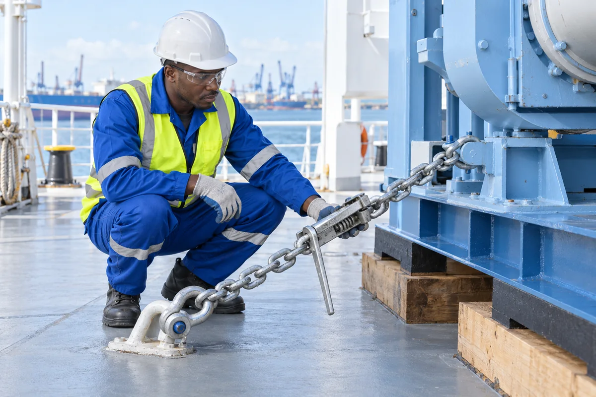 AI-generated conceptual scene of a PPE-equipped cargo technician inspecting a chain restraint and deck anchorage beside heavy machinery supported on timber dunnage.