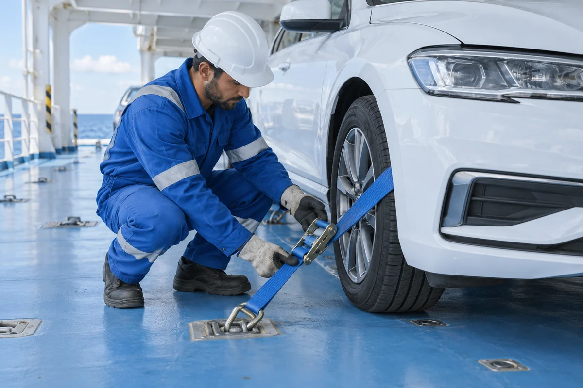 AI-generated conceptual scene of a worker inspecting a vehicle restraint and deck anchorage beside a parked car on a Ro-Ro vessel.