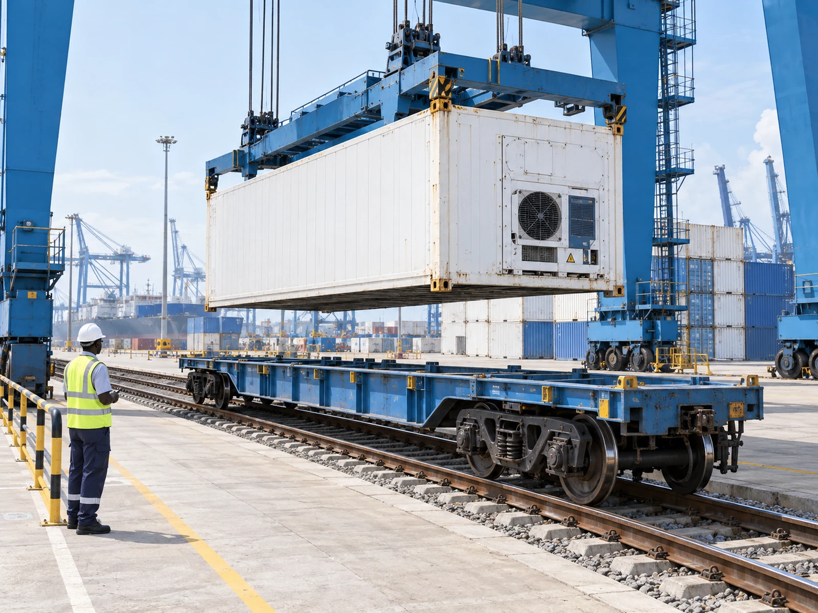 Generated conceptual scene of a gantry lowering a reefer container onto a rail wagon, with a coordinator observing from a separate pedestrian area.